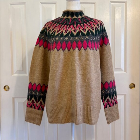 NWT Cece Fair Isle Funnel Neck Sweater in Latte Heather Size XS - Picture 1 of 9